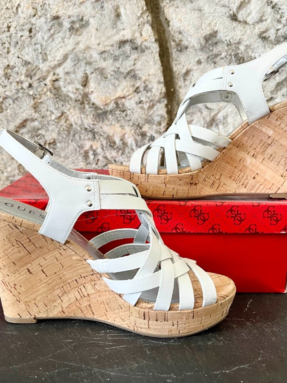 Guess White Leather Wedge Strappy Sandals - Picture 8 of 9